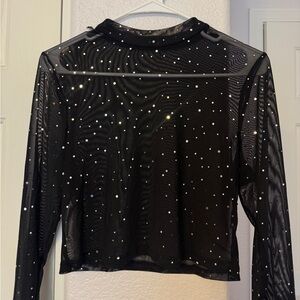 Black Sheer Long Sleeve Top with Rhinestones